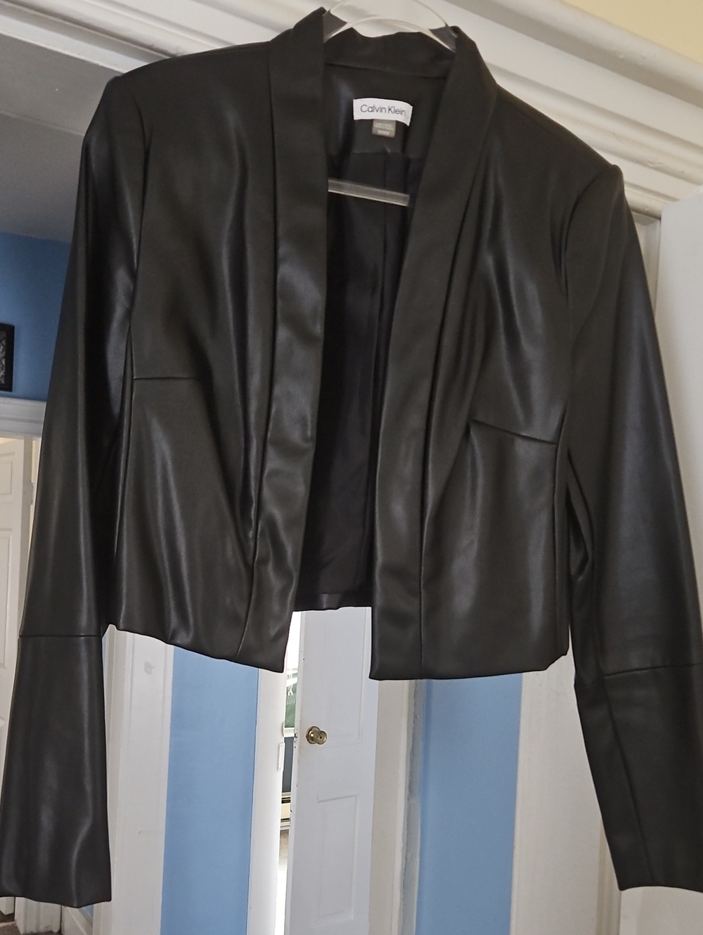 Calvin Klein Black Faux Leather Cropped Open-Front Blazer